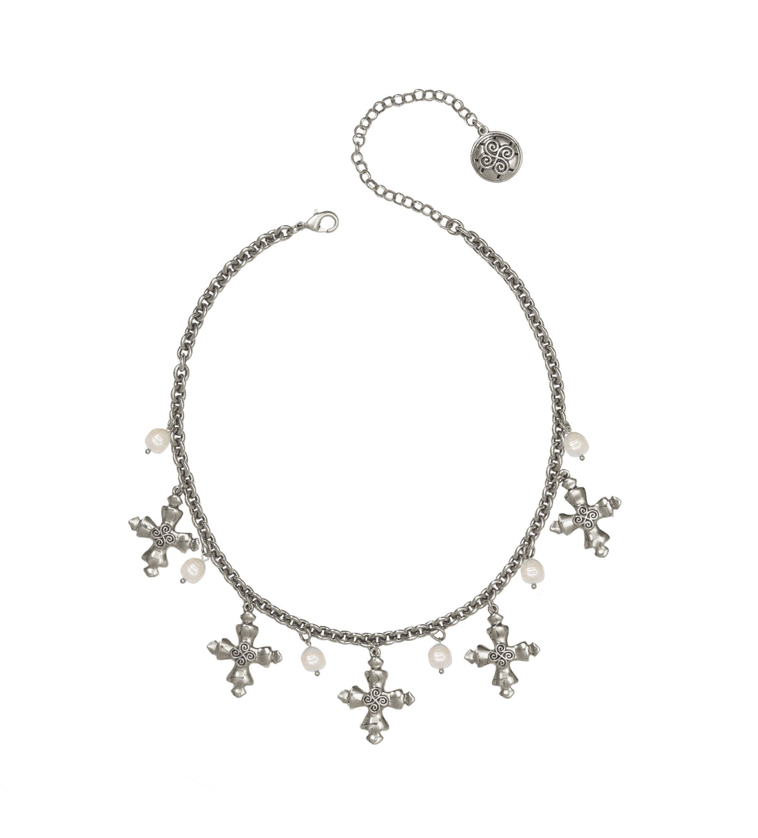 COLAR GUIA CORRENTE CRUZ, PÉROLAS PRATA