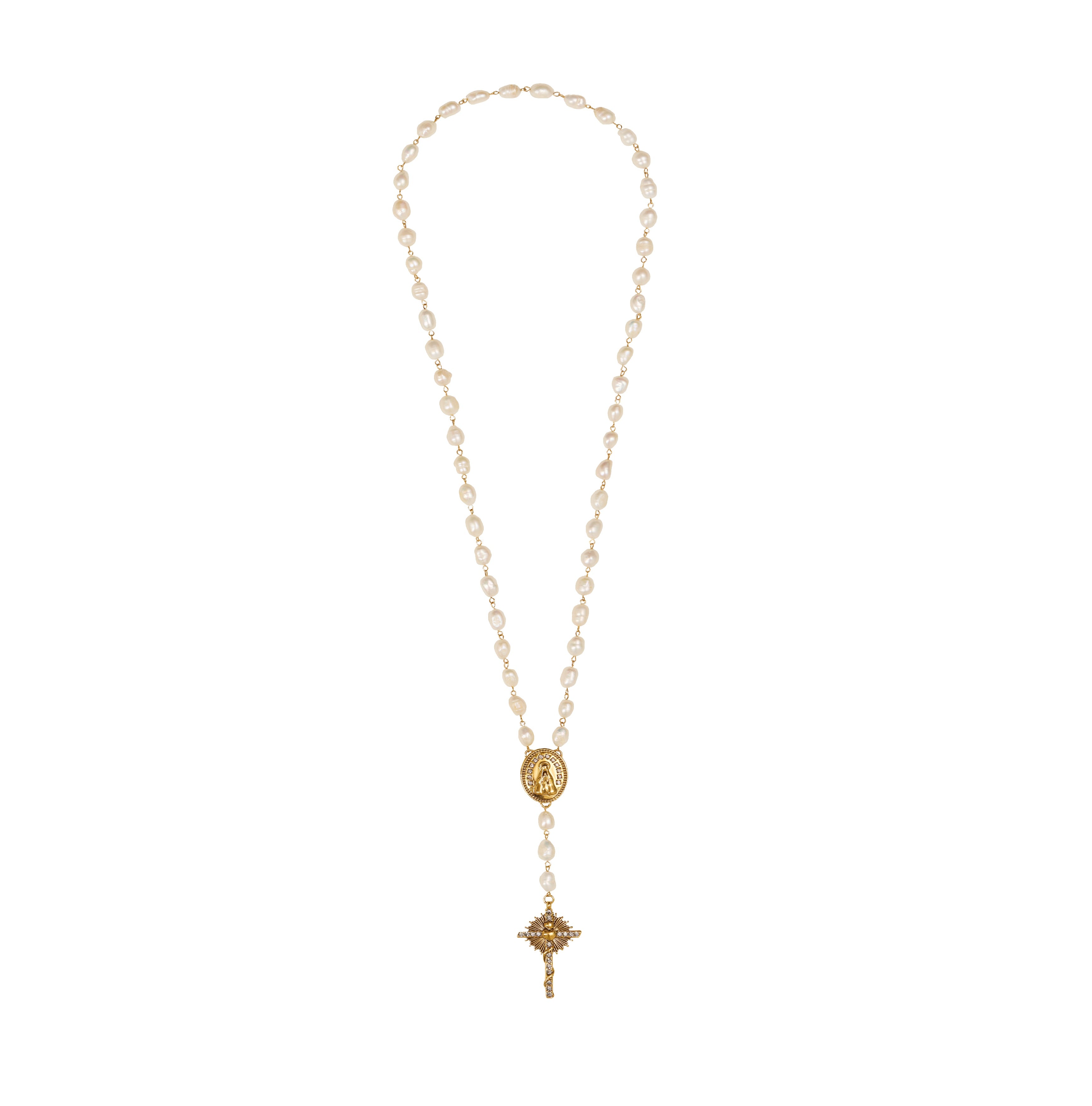 COLAR GUIA PÉROLAS NOSSA SENHORA CRUZ OURO