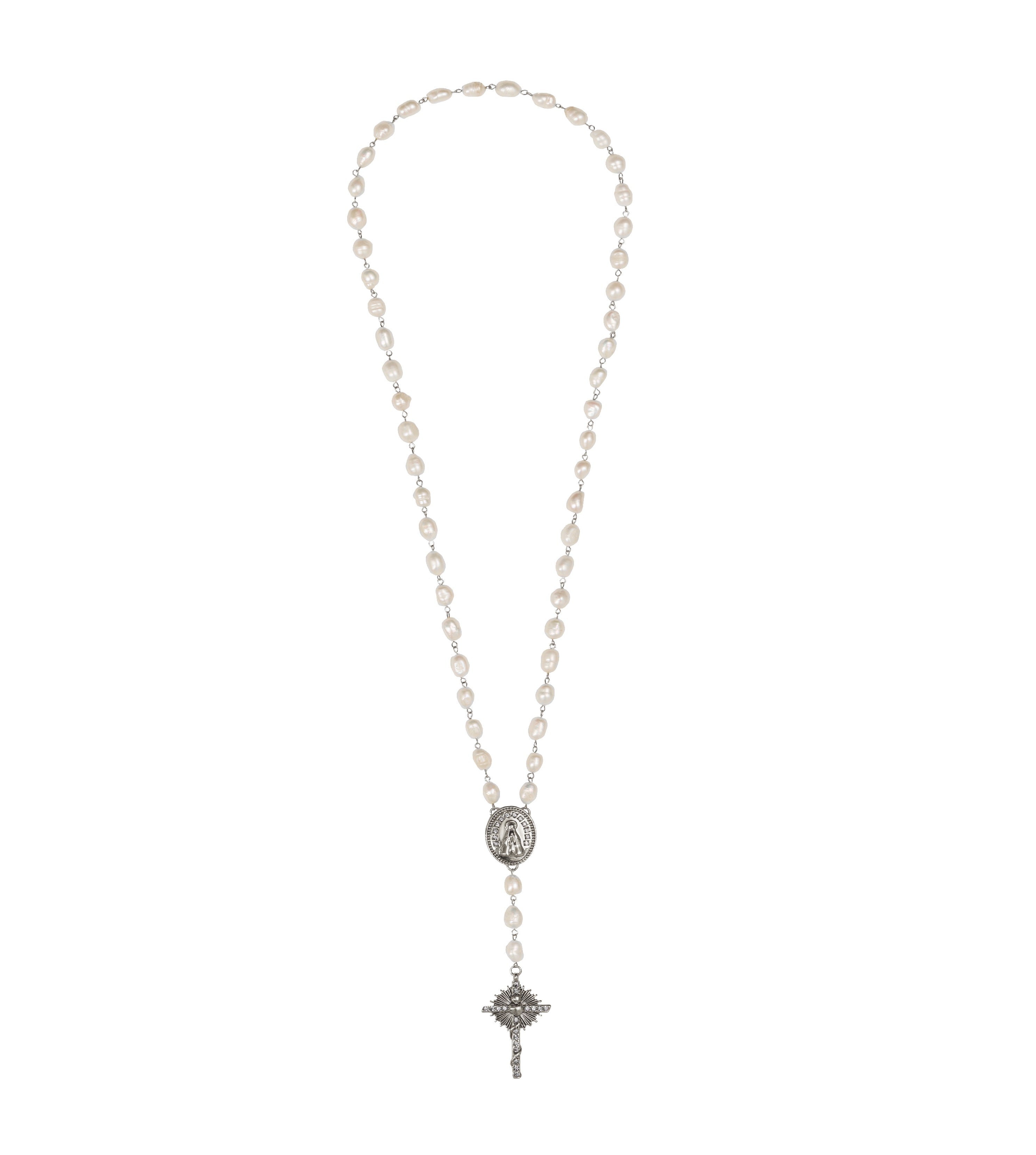 COLAR GUIA PÉROLAS NOSSA SENHORA CRUZ PRATA
