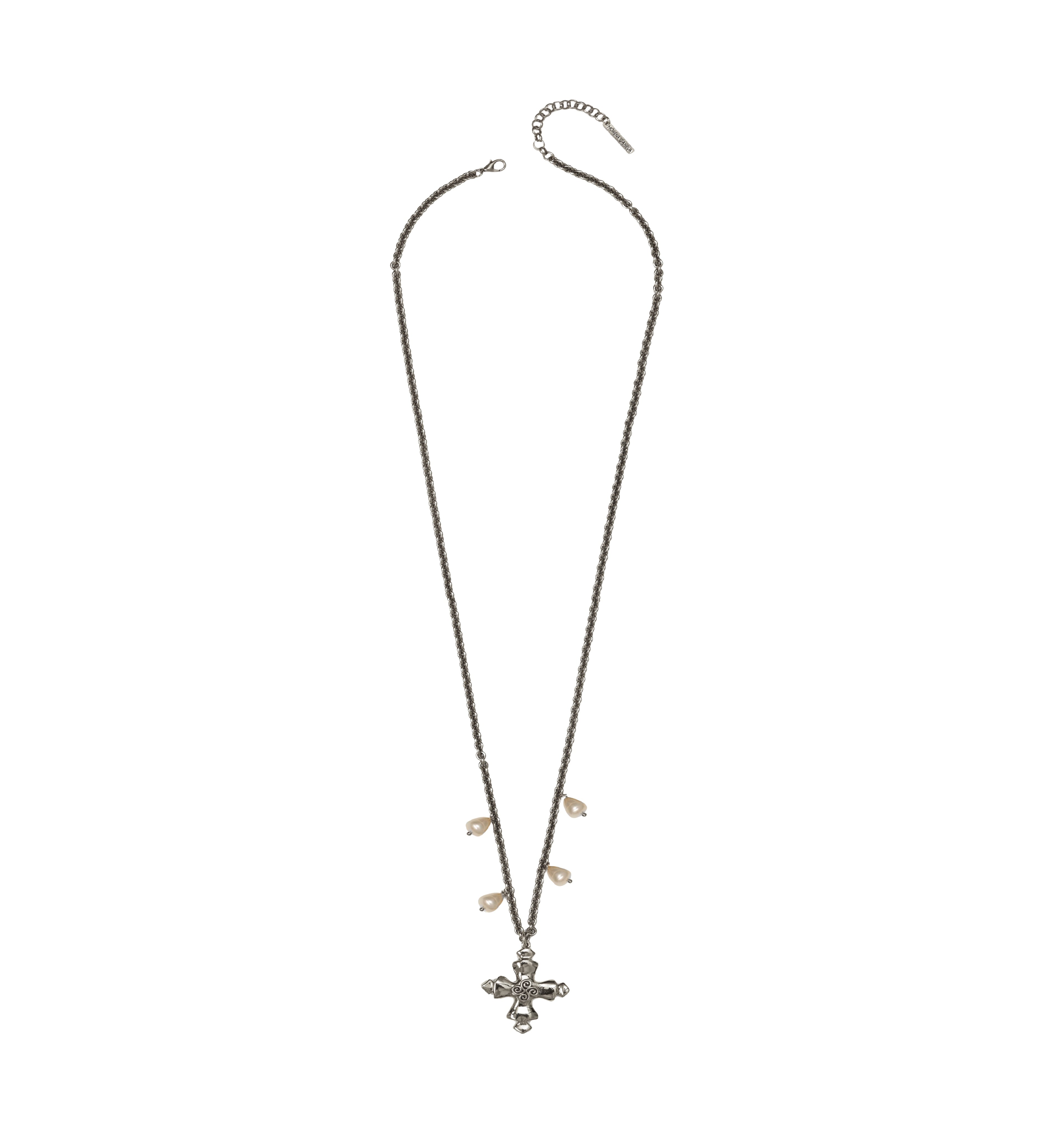 COLAR GUIA CORRENTE CRUZ, PÉROLAS LONGO PRATA