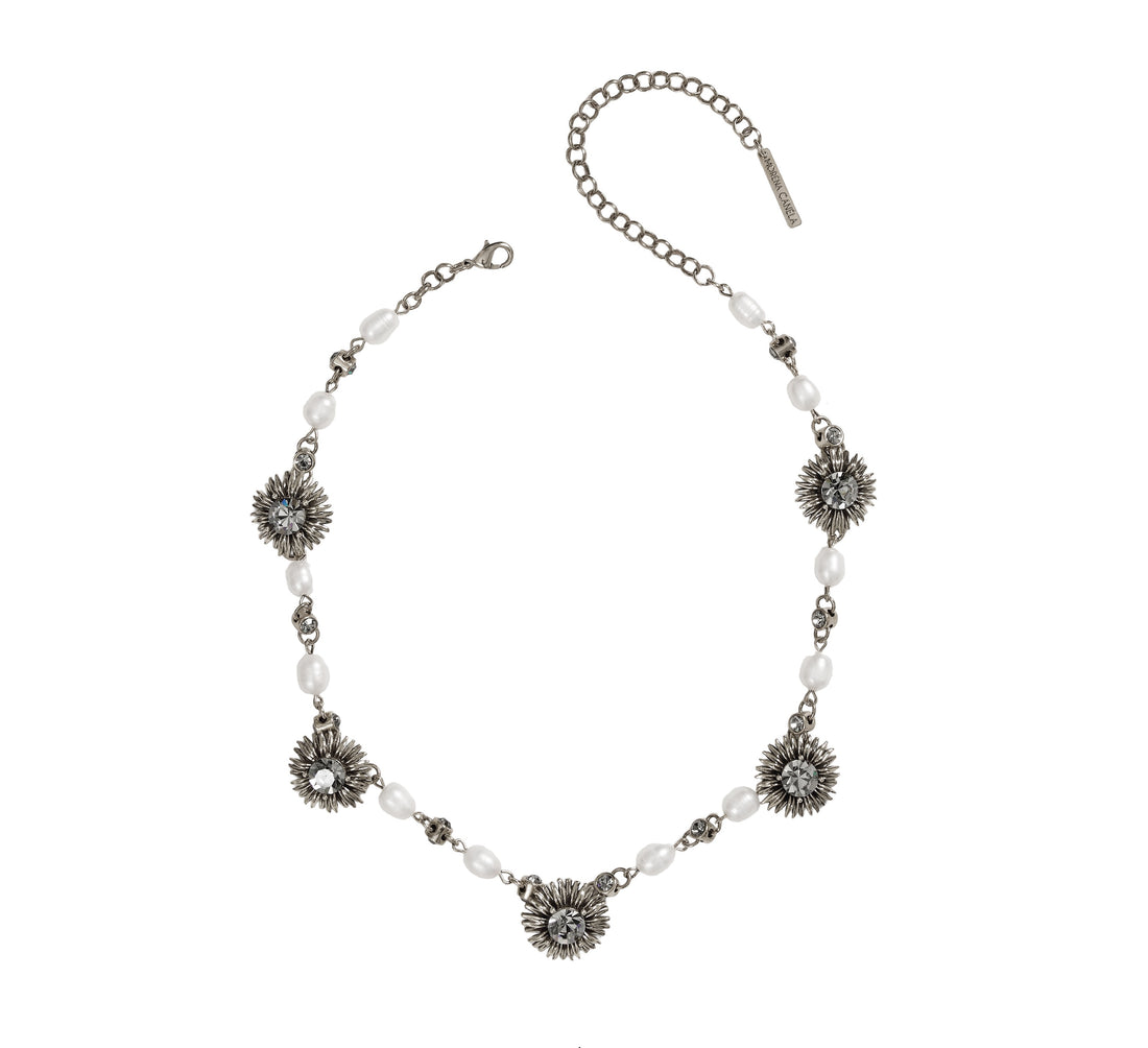 COLAR GIRASSOL BOTÃO STRASS PÉROLAS PRATA