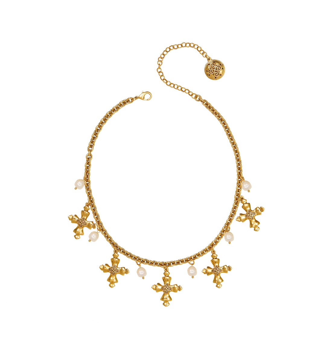 COLAR GUIA CORRENTE CRUZ, PÉROLAS OURO