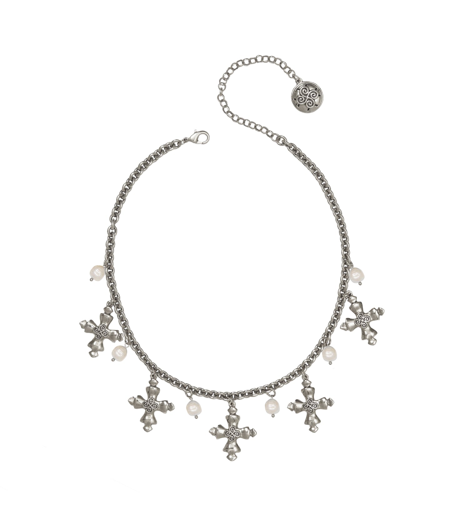 COLAR GUIA CORRENTE CRUZ, PÉROLAS PRATA
