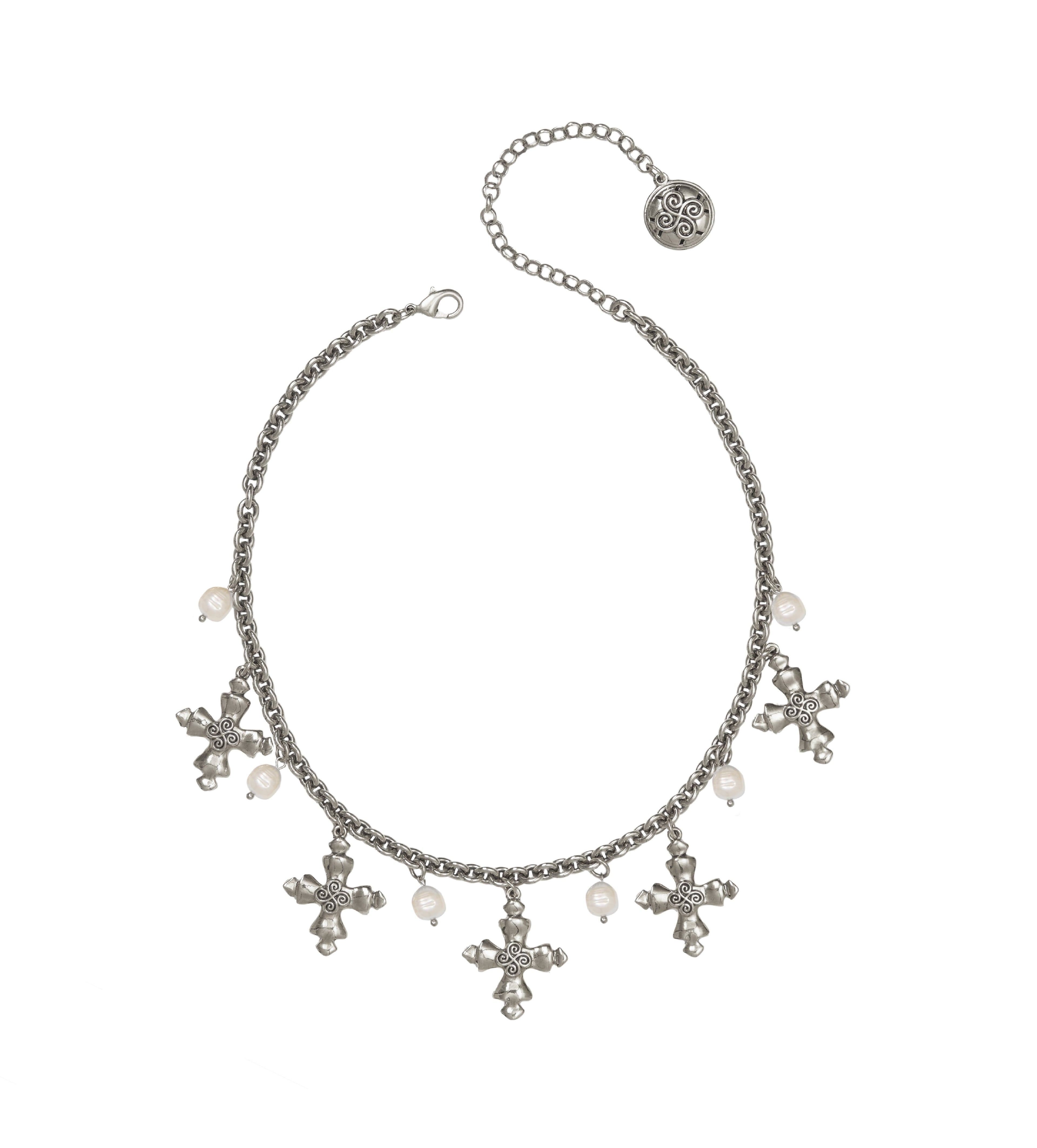 COLAR GUIA CORRENTE CRUZ, PÉROLAS PRATA