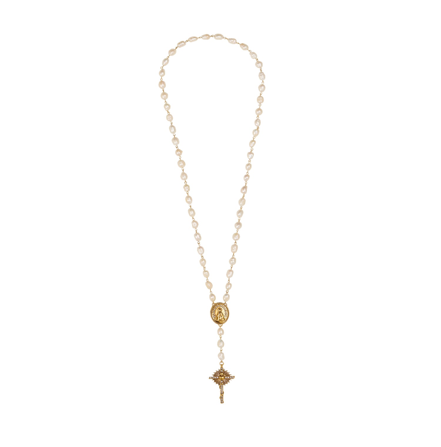 COLAR GUIA PÉROLAS NOSSA SENHORA CRUZ OURO