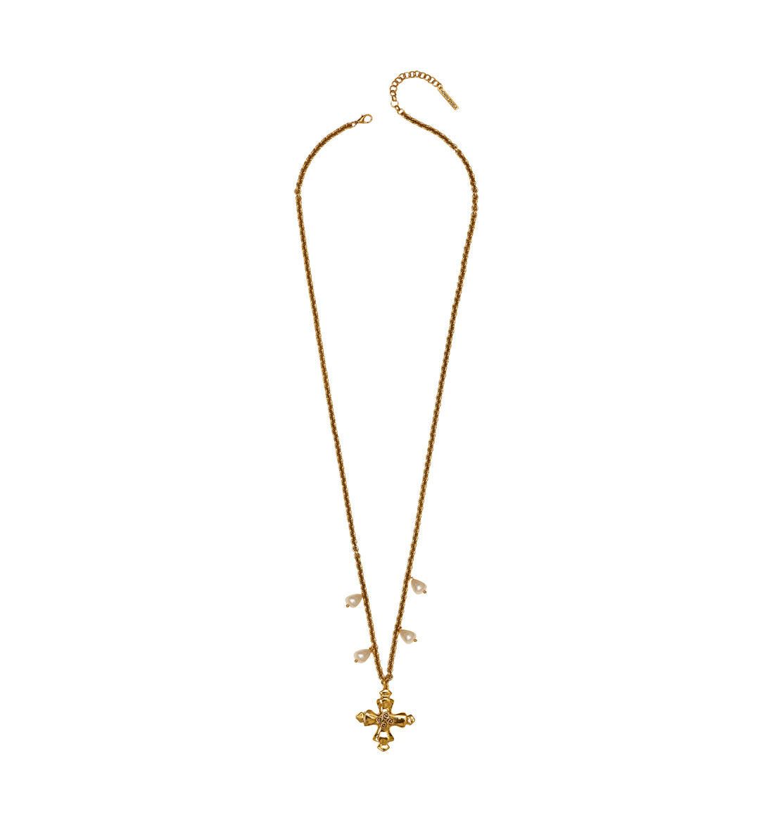 COLAR GUIA CORRENTE CRUZ, PÉROLAS LONGO OURO