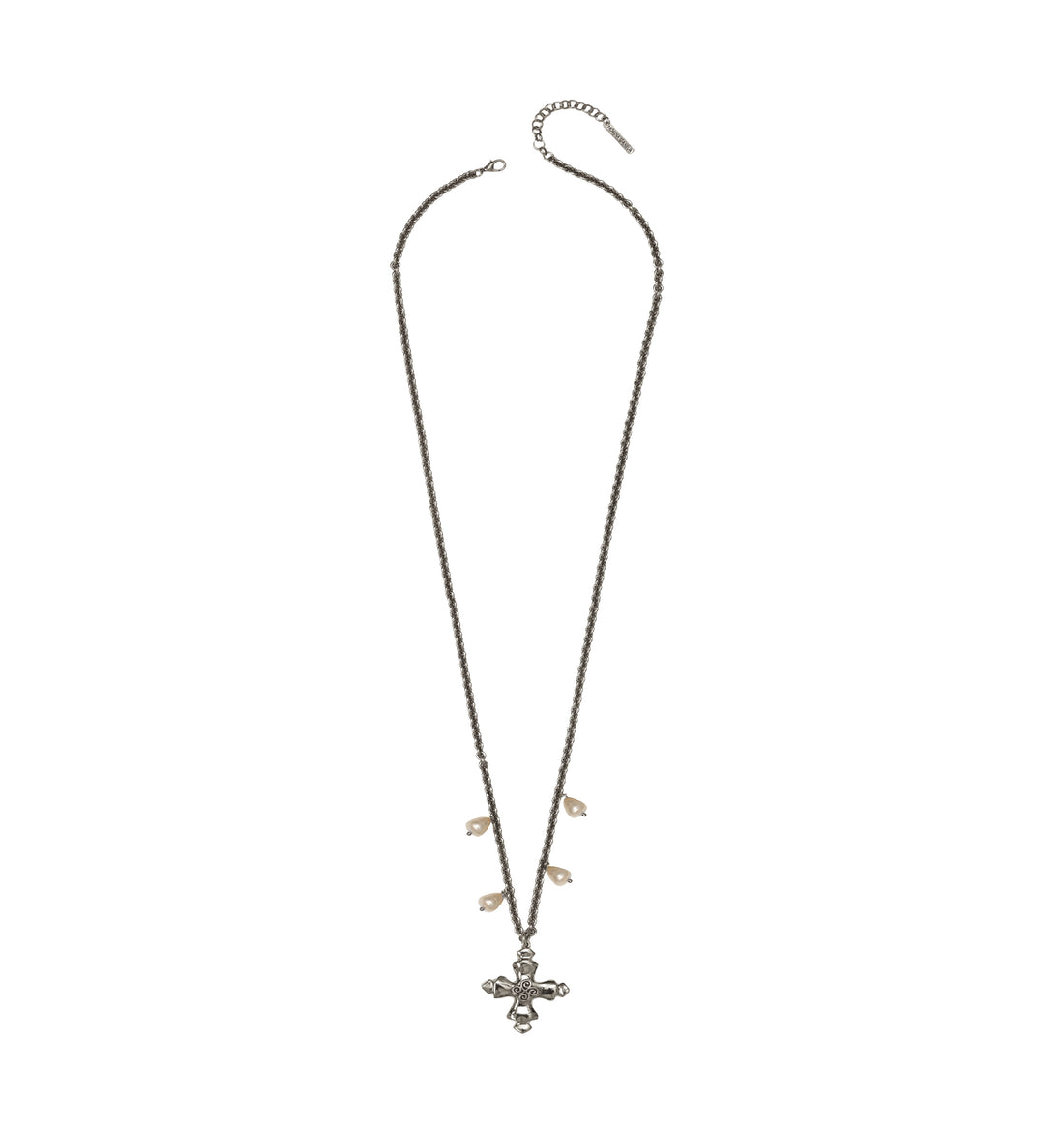 COLAR GUIA CORRENTE CRUZ, PÉROLAS LONGO PRATA