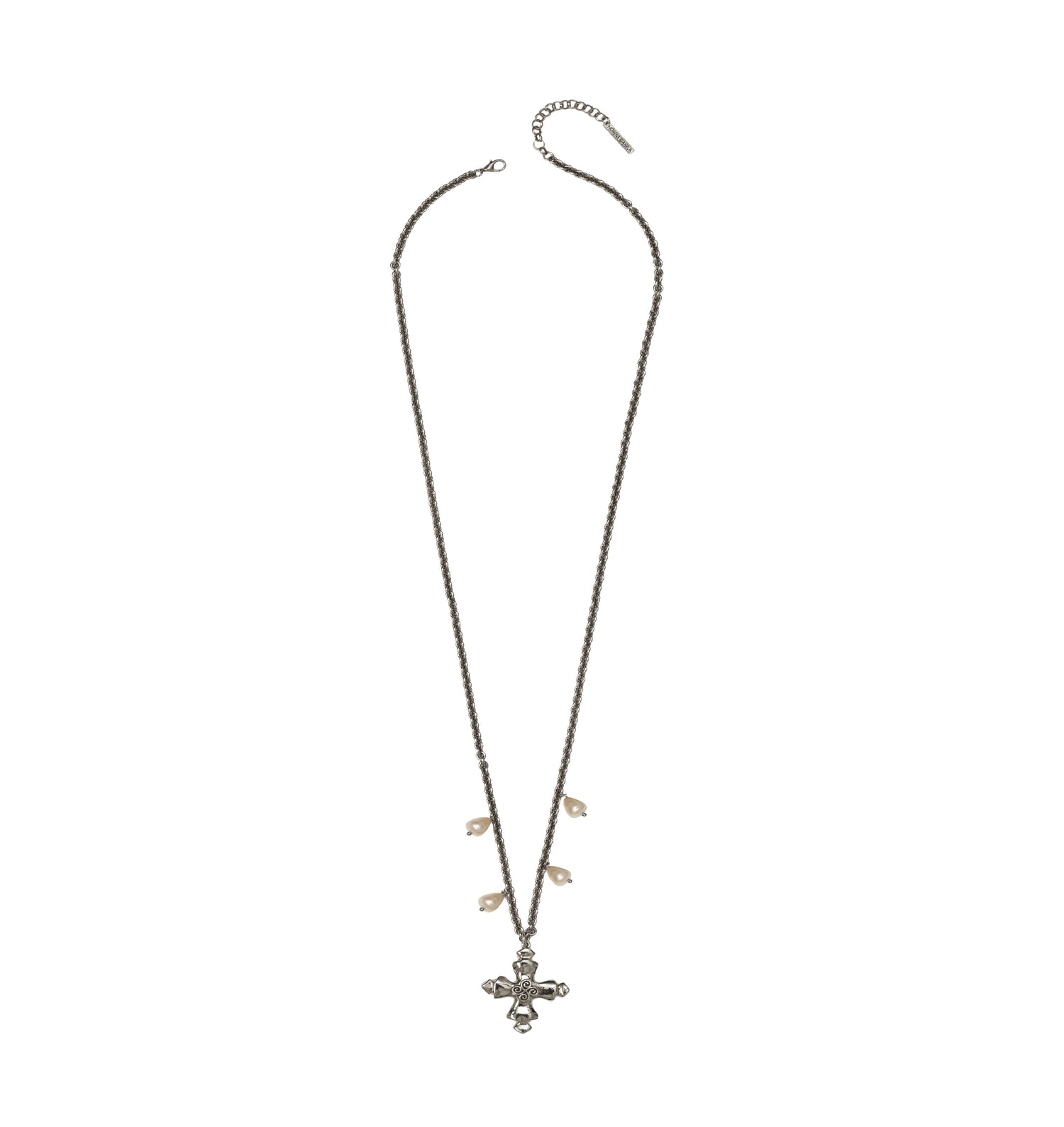 COLAR GUIA CORRENTE CRUZ, PÉROLAS LONGO PRATA