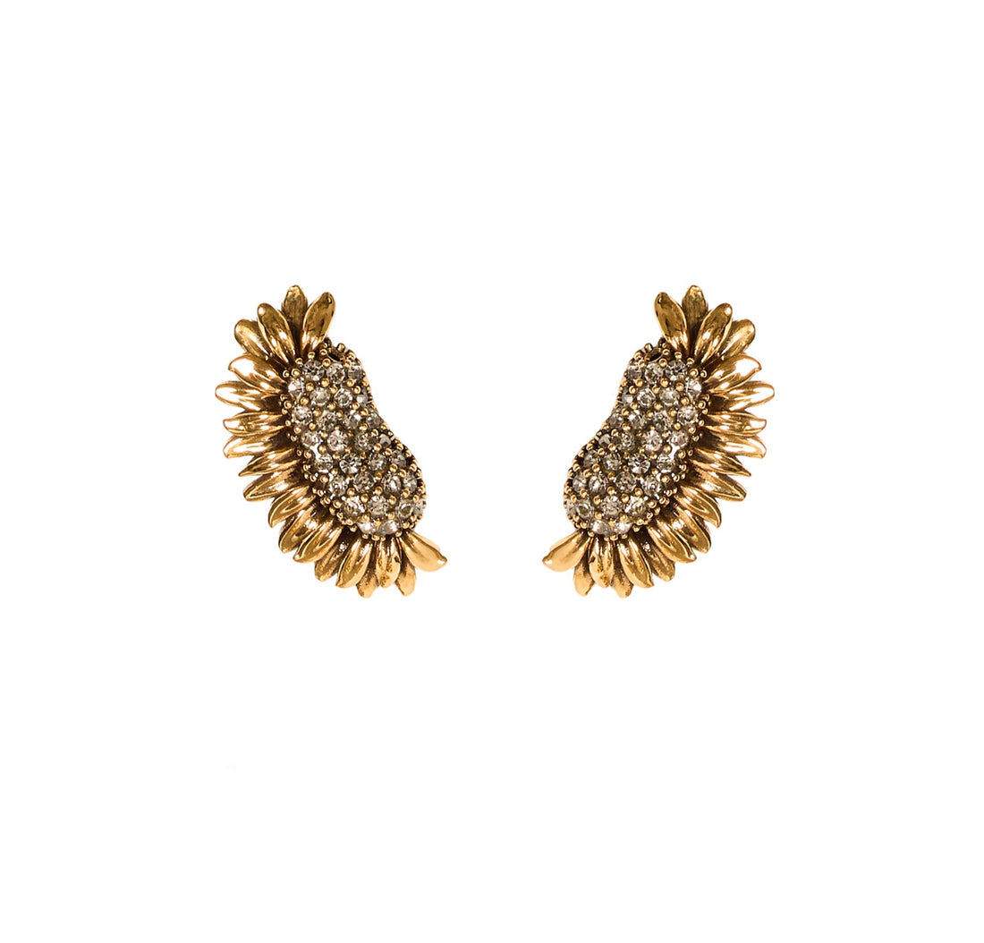BRINCO GIRASSOL PÉTALAS LATERAL CRAVEJADO OURO