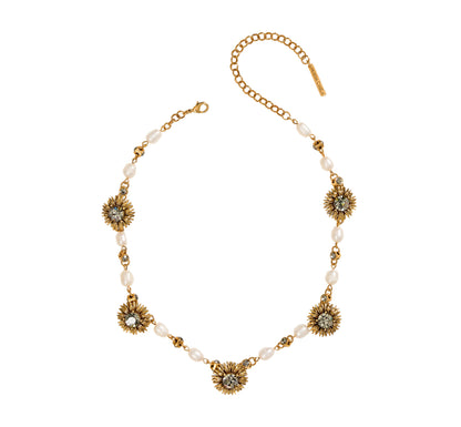 COLAR GIRASSOL BOTÃO STRASS PÉROLAS OURO